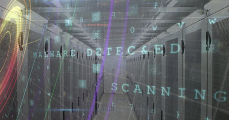Image of data processing and neon shapes over server room. Global technology, computing and digital...