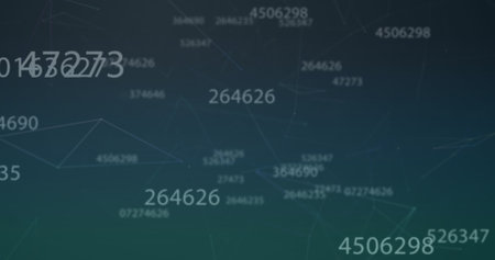 Image of numbers and connections on dark green background. Network, connections and technology concept digitally generated image.の写真素材