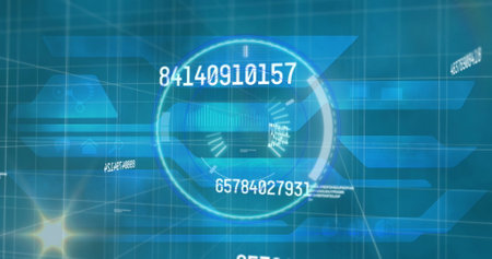 Image of multiple changing numbers and spot of light over round scanner against blue background....