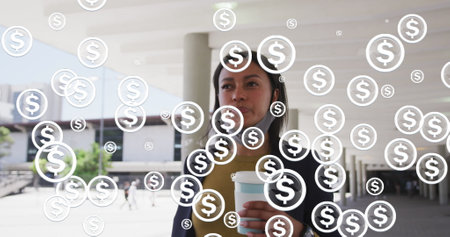 Image of dollar symbols over woman drinking takeaway coffee. Global social media and digital...