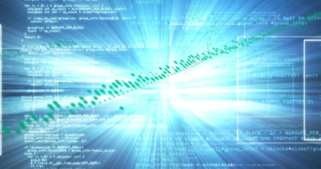 Image of graphs, lights, data processing on blue background. Computers, programming, data processing and technology concept digitally generated image.の写真素材