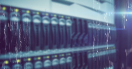 Image of network of connections and light trails over server room. Global technology, computing and...