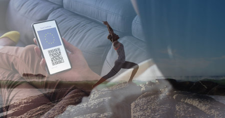 Image of caucasian woman with smartphone over caucasian woman at beach. Global business and digital...
