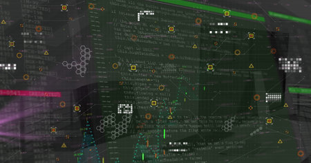 Image of data processing on black background. Global business and digital interface concept...