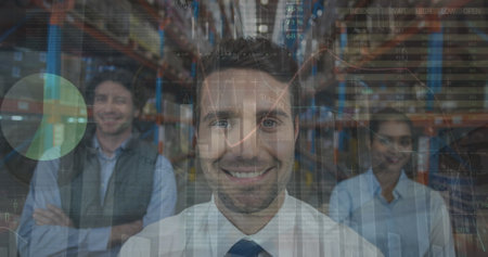 Image of statistics and financial data processing over man working in warehouse. Global shipping...