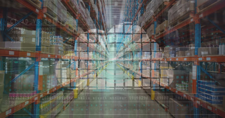 Image of data processing over warehouse. Global business and digital interface concept digitally generated image.の写真素材