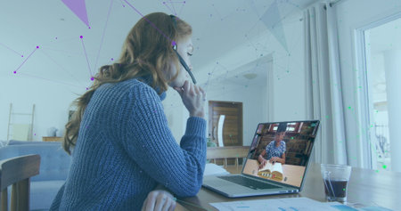Image of data processing over caucasian businesswoman using phone headset. Global business and...