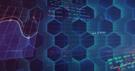 Displaying financial dashboard on screen, showing hexagon overlay, charts and stock tickers....