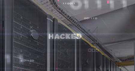 Image of hacked text and data processing over server room. Global business and digital interface...