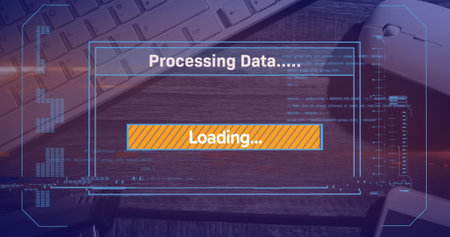 Image of loading over digital screen, mouse and keyboard on desk. Data processing, digital screen...