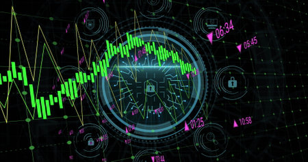 Image of cyber security and padlock in circle over graphs on black background. Internet safety, data...