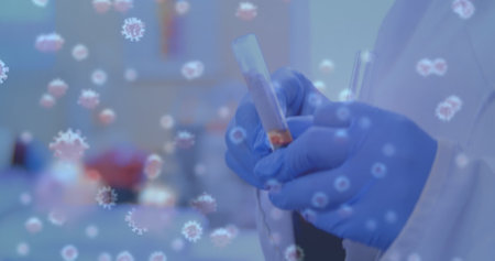 Image of virus cells over scientist in lab. Global pandemic and digital interface concept digitally...
