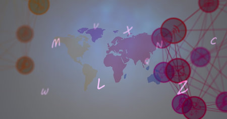Image of two globes of digital icons and alphabets over world map against grey background. Global...