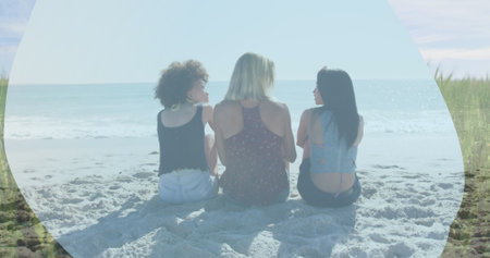 Image of banner with copy space over rear view of three diverse girls sitting at the beach. Vacation...