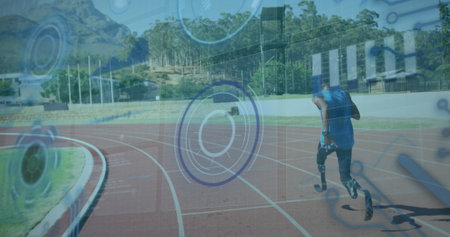 Image of data processing over disabled african american male runner. Global sport and digital interface concept digitally generated image.の写真素材