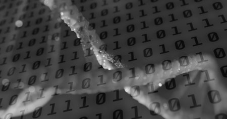 Image of binary coding data processing over dna strand spinning. Global science, data processing,...