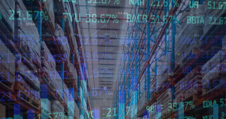 Image of data processing over warehouse. Global business and digital interface concept digitally generated image.の写真素材