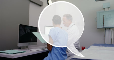 Image of speech bubble over diverse doctors using computer. Science, medicine and technology concept...