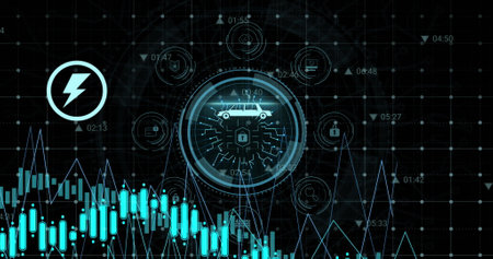 Statistical data processing and cyber security text over round scanner against black background....