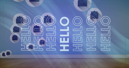 Image of multiple hello text banners over message icons floating against blue background. Computer interface and business technology conceptの写真素材