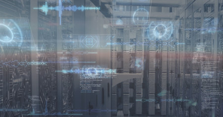 Image of data processing over server room. Global business and digital interface concept digitally...