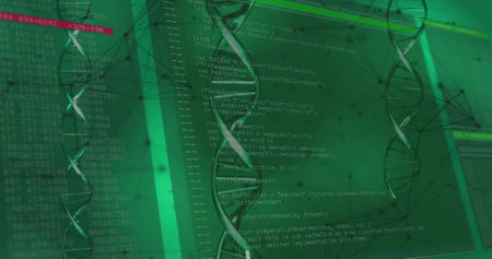 Image of dna rotating over data, lines and shapes on green background. Science, human biology and...