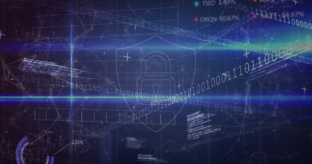 Security padlock shield icon over network of connections against stock market data processing. Global economy and cyber security technology conceptの写真素材