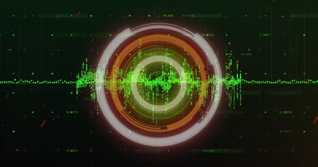 Digital image of data processing over neon round scanner against black background. Business...