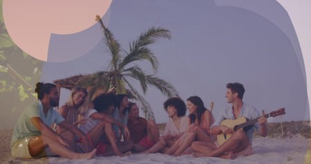 Image of blue banner with copy space over diverse group of friends enjoying at the beach. Vacation and friendship conceptの写真素材