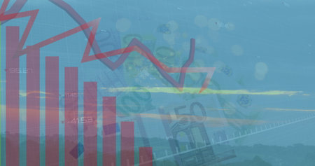 Image of graphs over moving dots and euro banknotes. Money, finance, economy and technology concept...