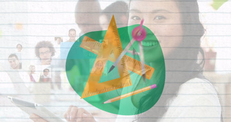 Image of school icons over diverse business people. Global education and digital interface concept digitally generated image.の写真素材