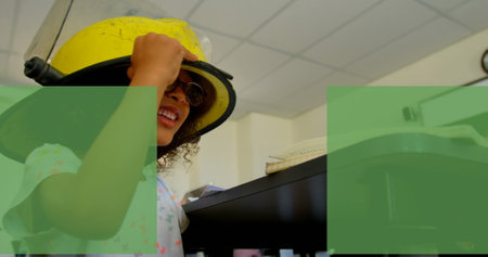 Abstract geometric shapes spinning against caucasian girl holding girl in girl holding girl holding girl at school.の写真素材