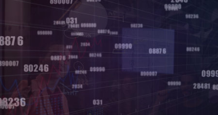 Image of data processing over diverse business people talking. Global business and digital interface...
