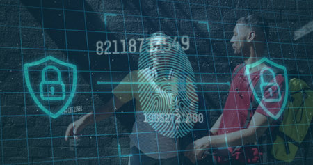 Image of data processing over male friends talking. Global business and digital interface concept digitally generated image.の写真素材