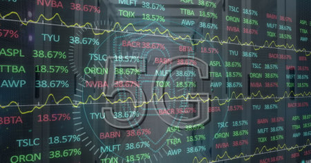 Image of stock market and scope scanning with 5g text over server room. Global technology, computing...
