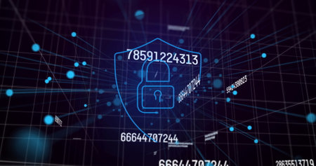 Image of data processing and digital shield with padlock on black background. Data processing, digital interface, data security and technology concept digitally generated image.の写真素材