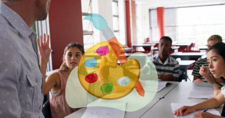 Image of brush and painting palette over caucasian male teacher and class of diverse pupils. Art,...