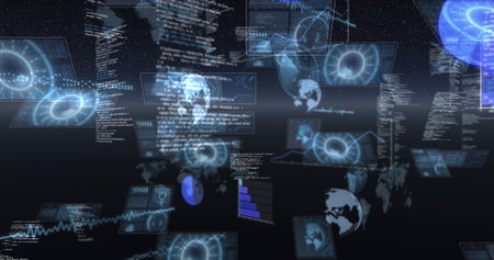 Image of data processing over black background. Global business and digital interface concept...