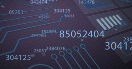 Image of changing numbers over interface with data processing and microprocessor connections....
