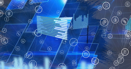 Image of network of connections over data processing and shapes. Global connections, computing and...
