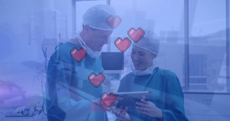 Image of flag of belgium waving over surgeons in operating theatre. Healthcare and protection during...