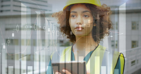 Image of statistical data processing over female architect using digital tablet. Modern architecture...