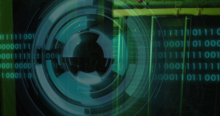 Image of scope scanning and data processing over server room. Global business and digital interface...