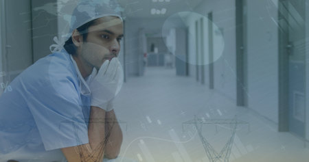 Image of financial graphs over tired male doctor sitting on corridor. Medicine, health, doctor...