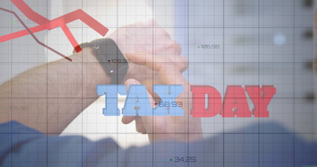 Image of data processing over tax day text and caucasian businessman with smartwatch. Global business and digital interface concept digitally generated image.の写真素材