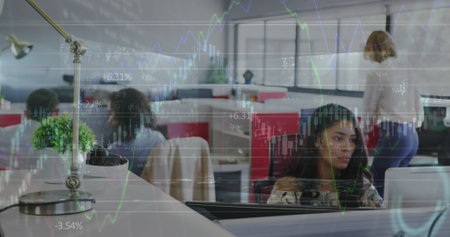 Financial data processing against businesspeople working at modern office. Global finance and...