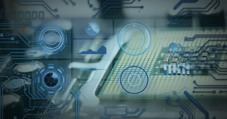 Digital interface with data processing and microprocessor connections against close up of a server....