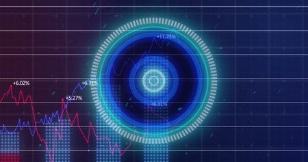 Image of scope with grid and data processing. Global digital interface, computing, data processing...