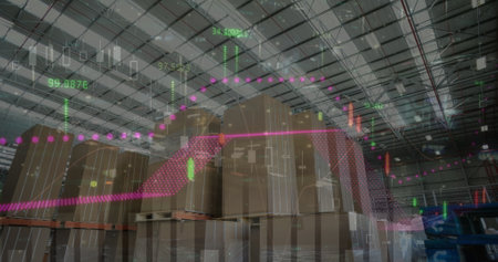 Image of graphs over timelapse with road traffic and warehouse. Business, finance, economy and...
