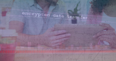 Image of data processing over diverse couple using tablet. Global business, finances, data...